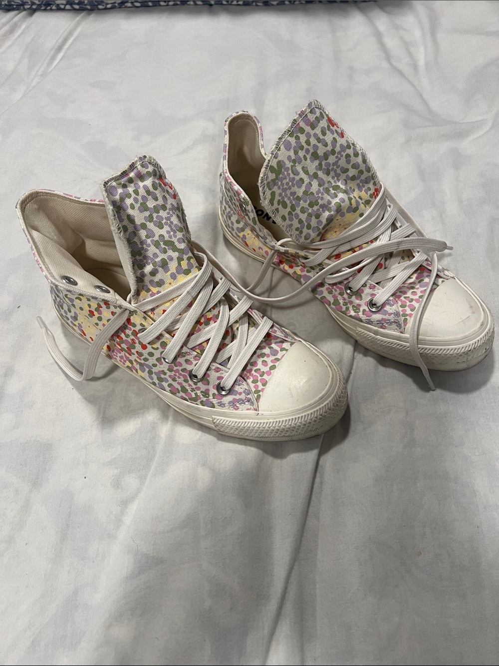 Women's High-Top Canvas Sneakers in White with Multicolor Dot Print